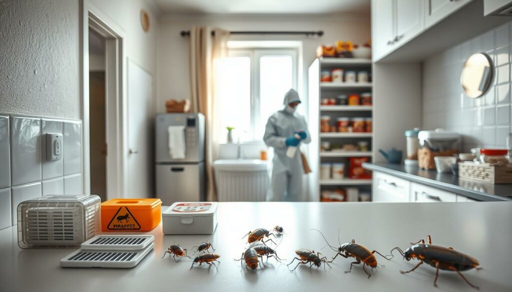 A bright, well-lit apartment interior with a focus on preventative measures against cockroach infestation. In the foreground, a series of cockroach traps, bait stations, and caulking tubes are neatly arranged on a clean kitchen counter. The middle ground showcases a thorough cleaning process, with a person in protective gear wiping down surfaces and applying insecticide spray. In the background, a window provides natural lighting, illuminating the organized storage of dry goods and airtight containers. The overall atmosphere conveys a sense of proactive, hygienic pest control, emphasizing the importance of early intervention to avoid a full-blown cockroach problem.