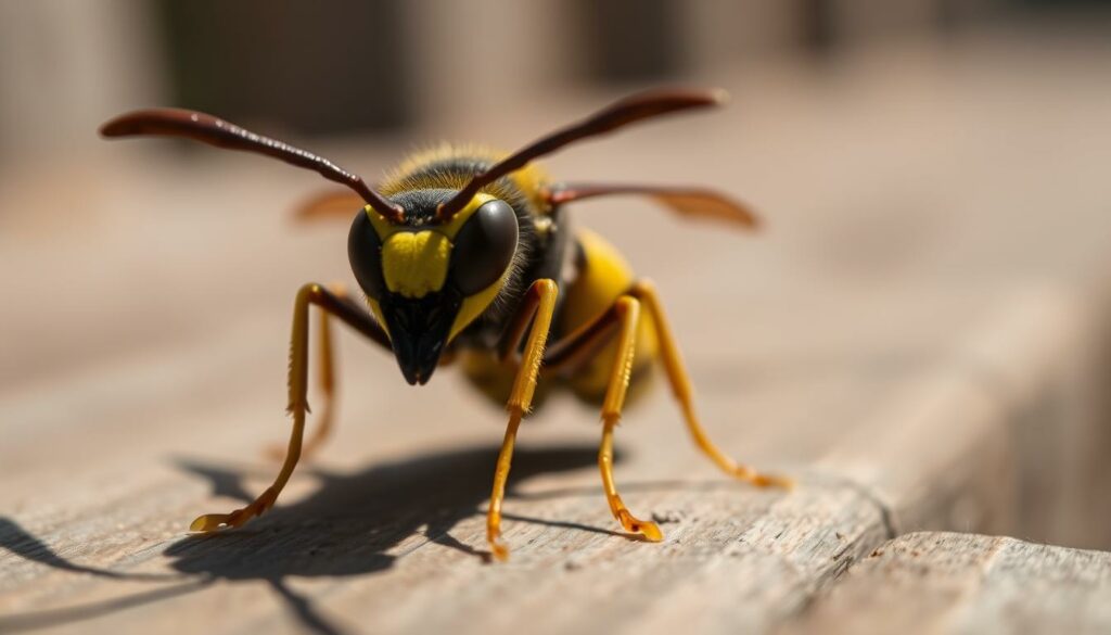 A close-up view of a large Asian hornet, or "frelon asiatique", perched on a wooden surface. The hornet's distinctive yellow and black striped body is sharply in focus, its large compound eyes and long thin legs clearly visible. The background is blurred, creating a sense of depth and emphasis on the insect. Crisp, natural lighting from the side casts dramatic shadows, highlighting the hornet's menacing features and powerful mandibles. The overall mood is one of scientific observation and cautionary awareness, befitting the need to identify this invasive species in the Luxembourg region.