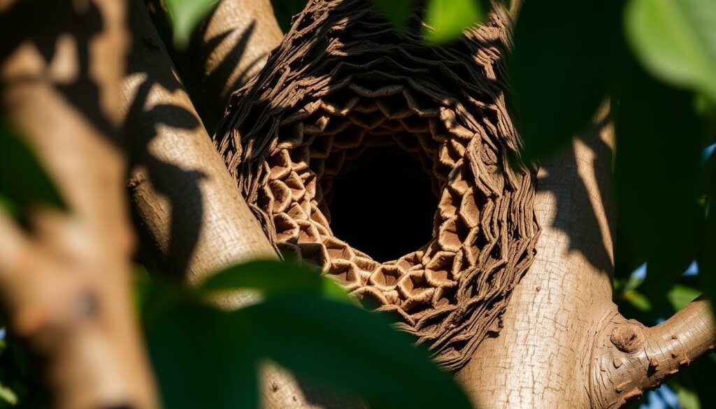 A close-up view of a large Asian hornet's nest nestled in the branches of a tree, with the nest's intricate hexagonal structure and entrance hole prominently featured. The nest is illuminated by soft, natural lighting that casts shadows across the bark and leaves, creating a sense of depth and texture. The image has a sharp focus, allowing the viewer to examine the details of the nest's construction and the surrounding environment. The overall mood is one of quiet observation, inviting the viewer to study the nest and understand the dangers it poses.