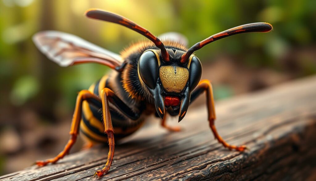 A detailed close-up image of a fierce-looking Asian hornet (Vespa velutina) perched on a wooden surface, its large eyes staring intently and its long, sharp mandibles opened in a menacing posture. The hornet's striped abdomen and wings are rendered with intricate textures, while the background features a blurred natural setting with hints of greenery, suggesting a lush, forest-like environment. The lighting is dramatic, with a mix of warm tones and deep shadows that accentuate the hornet's intimidating features. The overall composition and attention to detail convey the hornet's status as a distinct and formidable species found in the region.