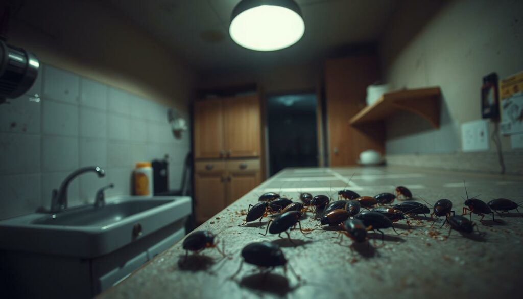A dimly lit apartment kitchen, with a stark contrast between the shadowy corners and the harsh overhead lighting. In the foreground, a cluster of cockroaches scurrying across the countertop, their scaly bodies and antennae accentuated. The middle ground reveals the unsanitary conditions - a grimy sink, crumbs and spills on the floor, and a general sense of neglect. In the background, a sense of unease lingers, as the viewer becomes aware of the potential health hazards these pests can pose. The scene is captured with a wide-angle lens, creating a sense of claustrophobia and the overwhelming presence of the cockroaches. The overall atmosphere is one of dread and the need for immediate action to address the sanitaire risks.