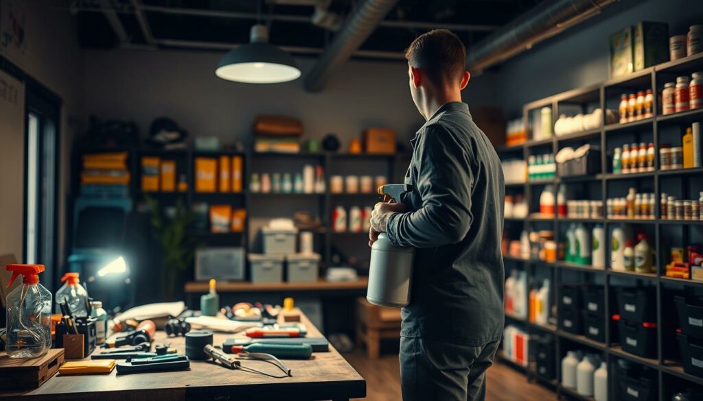 A dimly lit commercial office interior in Luxembourg, with a professional exterminator in the foreground carrying a pest control spray canister. The middle ground features a table with an assortment of tools and equipment, while the background showcases shelves lined with various pest control products. The lighting is warm and subtle, creating an atmosphere of expertise and efficiency. The composition emphasizes the practical, no-nonsense approach to effective pest elimination services available in the region.