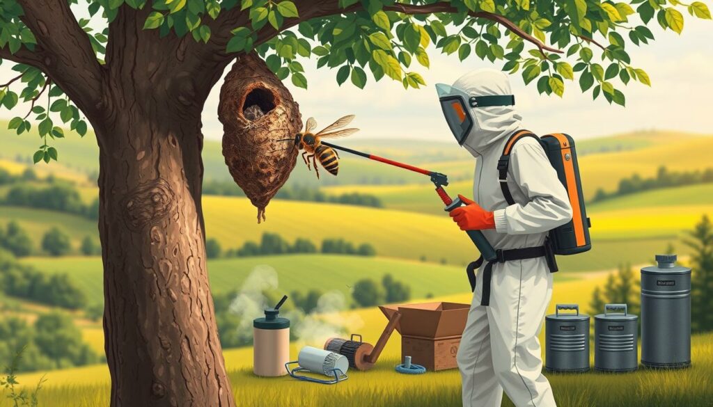 A highly detailed and realistic illustration of effective methods for Asian hornet pest control in Luxembourg. The foreground shows a professional exterminator in protective gear spraying an insecticide directly onto a large hornet nest attached to a tree branch. The middle ground depicts various tools and equipment used for safe hornet removal, such as a smoker, traps, and canisters. The background features a lush, verdant landscape with rolling hills, suggesting a rural or semi-rural setting typical of the Luxembourg countryside. The lighting is natural and warm, creating a sense of professionalism and effectiveness. The overall tone is one of comprehensive, well-thought-out solutions to the Asian hornet problem.