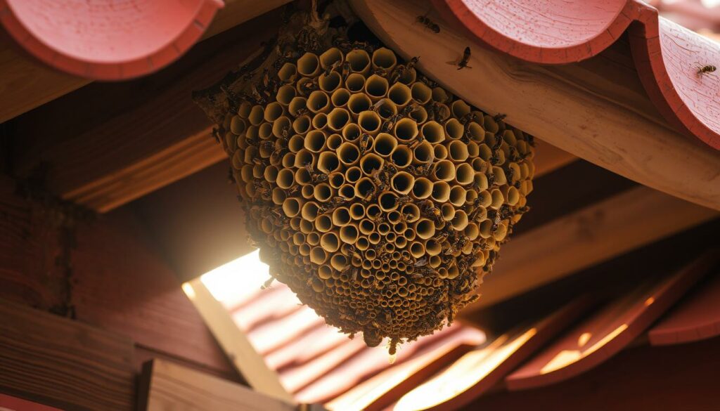 A large, intricate wasp nest constructed on the underside of a red-tiled roof, nestled amidst a backdrop of weathered wooden beams and shingles. The nest's papery honeycomb structure is visible, with worker wasps darting in and out of the numerous openings. Sunlight filters through the gaps, casting a warm, golden glow across the scene. The composition emphasizes the precarious positioning of the nest, highlighting the potential danger it poses to the homeowner. The overall atmosphere conveys a sense of cautious curiosity, inviting the viewer to closely examine this remarkable example of nature's engineering within the domestic setting.