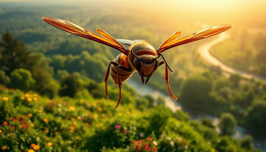A majestic Asian hornet, its slender brown body glistening in the sun, hovers menacingly above a lush, verdant landscape. Broad wings propel it effortlessly, its fearsome mandibles poised to strike. In the background, a tapestry of flourishing greenery - towering trees, vibrant wildflowers, and a serene river - represents the Luxembourg biodiversity threatened by this invasive predator. Dramatic high-angle shot, dramatic lighting, cinematic depth of field, ultra-detailed, hyper-realistic.