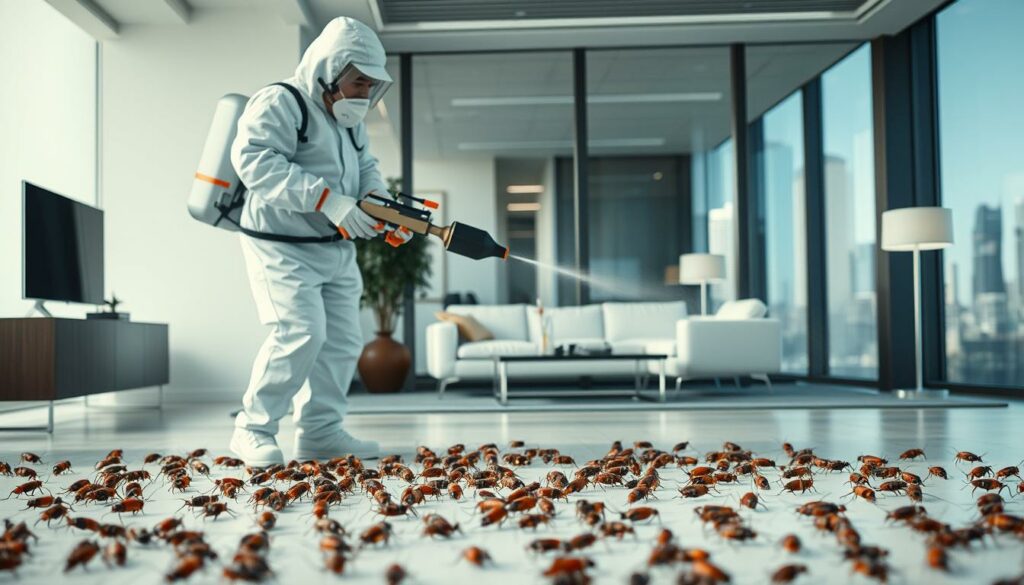 A meticulously designed custom intervention against cockroaches, featuring a well-equipped exterminator in a pristine white hazmat suit, wielding a specialized high-pressure sprayer. The foreground shows the exterminator in action, surrounded by a scattering of dead cockroaches. The middle ground depicts the interior of a modern office or residential space, with sleek furniture and clean lines. The background subtly hints at the larger context, with a cityscape visible through a window, conveying a sense of professionalism and efficiency. The lighting is crisp and even, accentuating the details of the scene. The overall mood is one of control, precision, and a thorough, tailored approach to pest elimination.