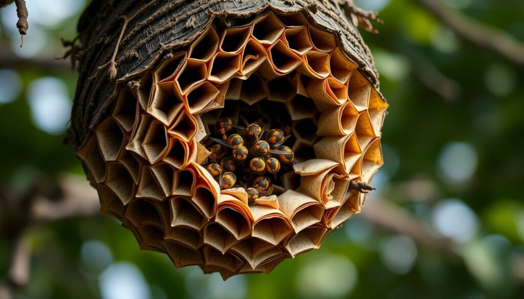 A meticulously detailed, high-resolution close-up photograph of a large Asian hornet's nest, shot with a high-quality macro lens in soft, diffuse natural lighting. The nest is suspended from a tree branch, its intricate hexagonal structure visible in sharp focus, with delicate paper-like textures and subtle variations in shades of brown. The background is blurred, placing emphasis on the captivating complexity and architectural wonder of this formidable insect abode. Convey a sense of precision, elegance, and the inherent danger and power of this invasive species, to educate and inform the viewer.