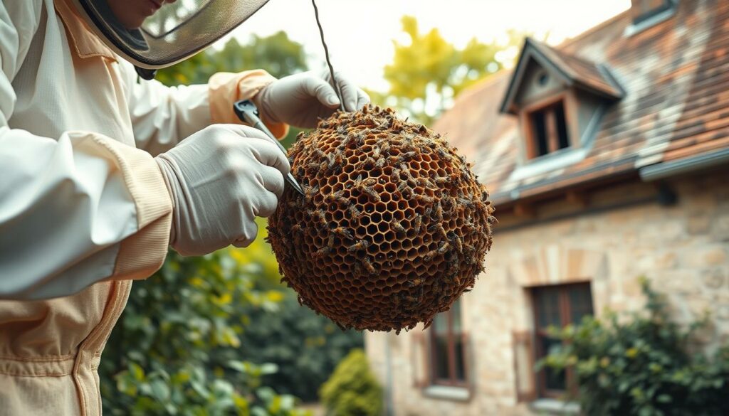 A professional beekeeper in a protective suit carefully removing a large wasp nest from the side of a traditional Luxembourgish house. The foreground shows the beekeeper's gloved hands manipulating the nest with precision tools, while the middle ground depicts the intricate structure of the nest itself, its hexagonal cells teeming with activity. The background showcases the quaint architecture of the house, with its steeply pitched roof and weathered stone facade, set against a backdrop of lush, verdant foliage characteristic of the Luxembourg countryside. The lighting is natural and diffused, casting a warm, golden glow over the scene and emphasizing the delicate balance between human intervention and the natural world.