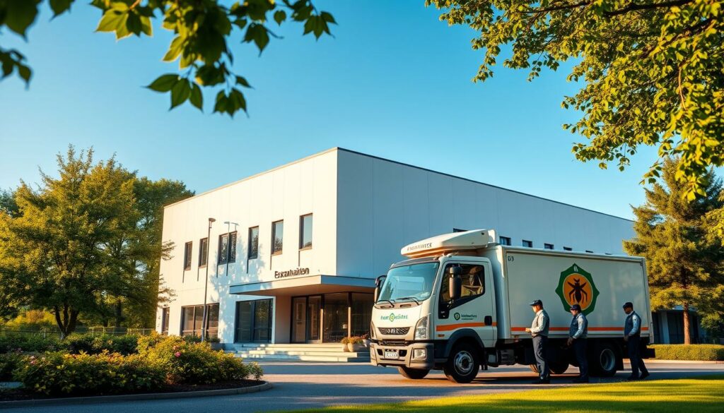 A professional extermination company's headquarters in Luxembourg, set against a backdrop of lush greenery and a clear blue sky. The building's exterior features a modern, minimalist design with clean lines and large windows, conveying a sense of efficiency and expertise. In the foreground, a well-maintained truck emblazoned with the company's logo stands ready to respond to emergency calls. The scene is illuminated by warm, natural lighting, creating a professional and trustworthy atmosphere. Nearby, a small group of uniformed technicians can be seen inspecting their equipment, ready to tackle any wasp infestation with skill and precision.
