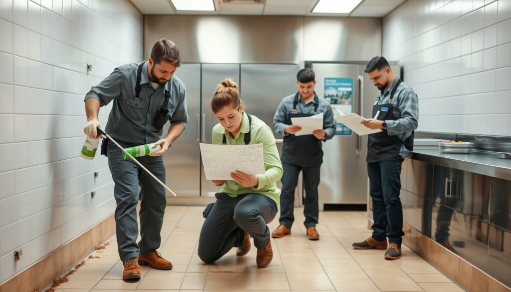 A professional extermination team methodically inspects a commercial kitchen, identifying and targeting the hiding spots of persistent cockroaches. In the foreground, a team member sprays an eco-friendly insecticide along baseboards and crevices, while colleagues observe the process with careful attention. In the middle ground, a technician reviews digital schematics, planning the strategic placement of traps and baits. The background depicts the immaculate stainless steel appliances and tiled floors of the kitchen, conveying a sense of hygienic professionalism. Soft, even lighting illuminates the scene, accentuating the focus and determination of the exterminators as they employ sustainable, effective methods to eliminate the persistent pest problem.