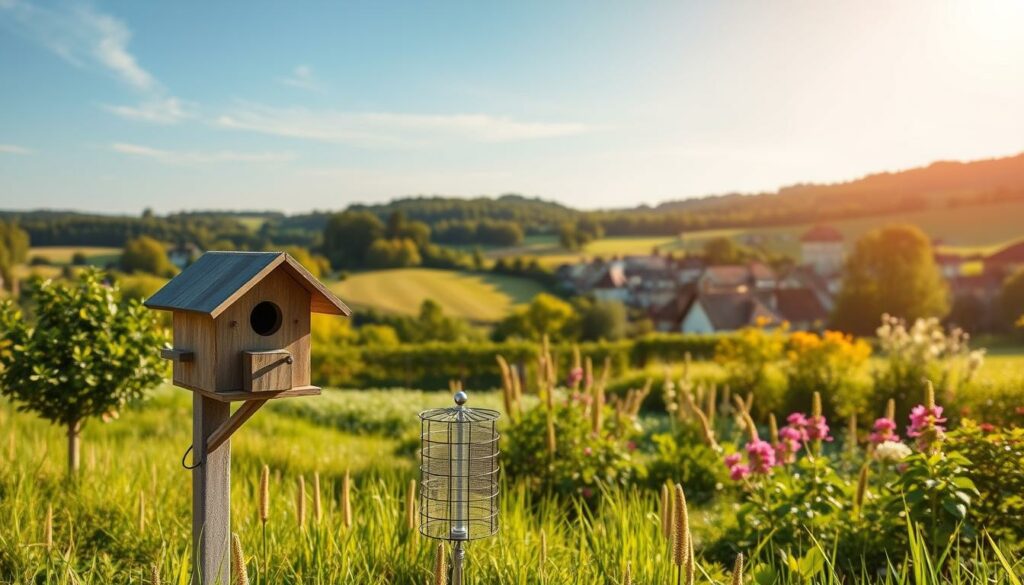 A tranquil countryside scene in Luxembourg, showcasing effective preventive measures against Asian hornets. In the foreground, a sturdy birdhouse and a carefully placed hornet trap blend seamlessly into the lush, verdant landscape. The middle ground features a well-maintained garden, with strategically placed flowering plants that deter hornet activity. In the background, a picturesque village nestled among rolling hills, with a clear blue sky overhead, bathed in warm, golden sunlight. The overall atmosphere conveys a sense of balance and harmony, where proactive steps have been taken to coexist peacefully with the local hornet population.