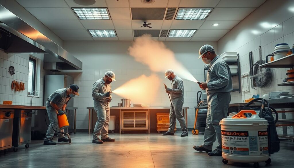 A well-lit commercial kitchen interior, with a focus on various professional pest control methods for cockroach infestations. In the foreground, a team of pest control technicians are demonstrating the application of a powerful insecticide spray, its mist gently drifting through the air. In the middle ground, a technician is placing bait traps along the baseboards, while another is inspecting crevices with a flashlight. The background features a range of specialized equipment, including a thermal fogger, a vacuum unit, and sealed containers of professional-grade insecticides. The overall mood is one of precision, diligence, and a determination to eradicate the unwanted pests, creating a visually engaging and informative scene.