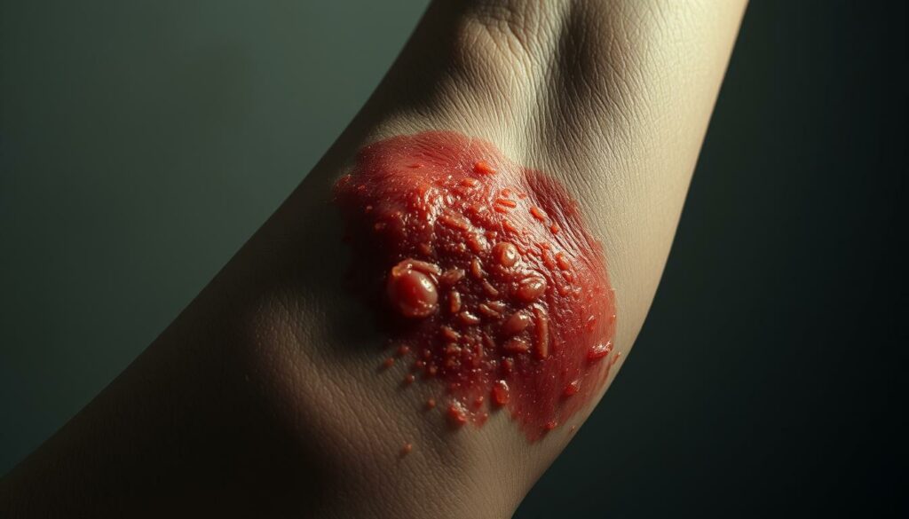 Closeup of a human arm with a severe allergic reaction to a wasp sting. The skin is visibly swollen, reddened, and covered in hives. Dramatic lighting casts shadows across the inflamed area, heightening the sense of discomfort and distress. The background is a muted, hazy setting to keep the focus on the angry, painful reaction. Capture the visceral, unsettling nature of a potentially life-threatening allergic response to a common insect sting, conveying the urgency to seek immediate medical attention.